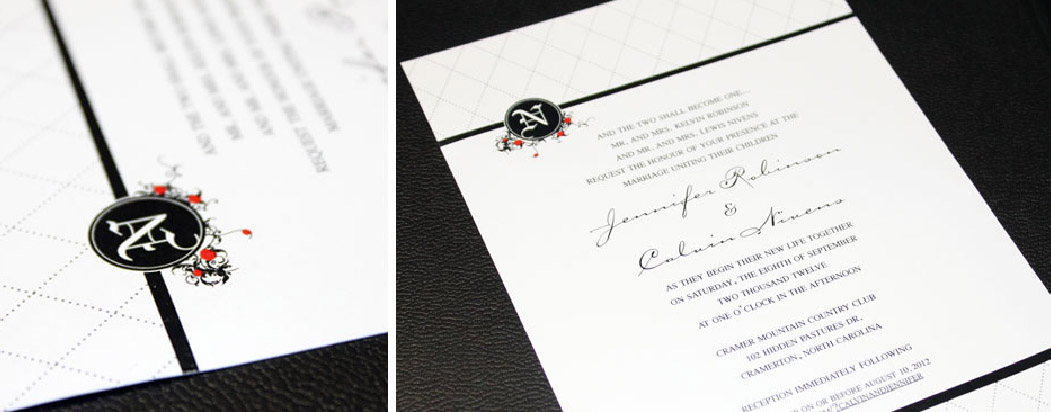 Black and white wedding invitation with a touch of red for the floral designed by Jennifer Pellin